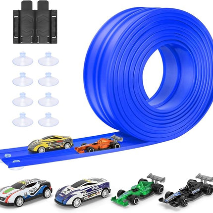 KETIEE Flex Tracks 16Ft for Kids: Flexible Race Car Ramp Track with 4 Small Racecars and 8 Suction Cups Compatible with Hot Wheels and Diecast 1/64th Cars, Rolls Up Portable Racetrack for Ages 3 & Up