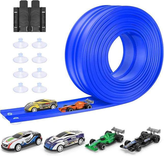 KETIEE Flex Tracks 16Ft for Kids: Flexible Race Car Ramp Track with 4 Small Racecars and 8 Suction Cups Compatible with Hot Wheels and Diecast 1/64th Cars, Rolls Up Portable Racetrack for Ages 3 & Up