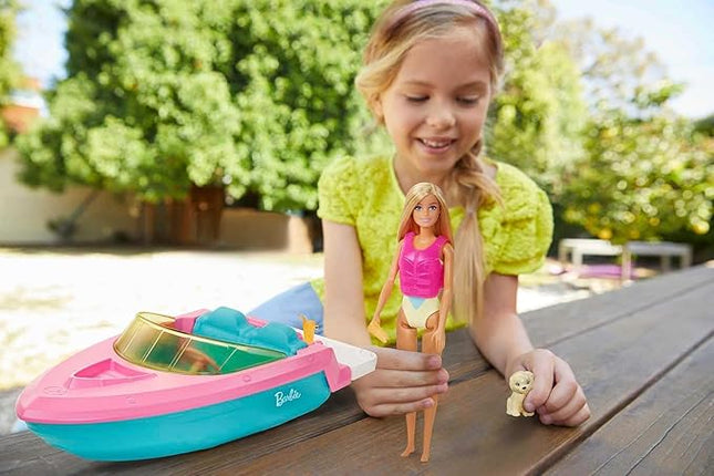 Barbie Boat with Puppy and Themed Accessories, Fits 3 Dolls, Floats in Water, Great Gift for 3 to 7 Year Olds