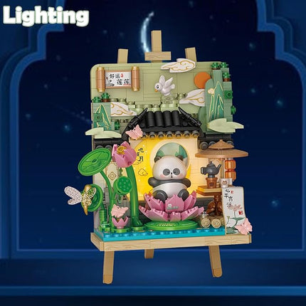 MEIEST Panda Mini Building Blocks Cute 3D Painting Model Set,Creative 4 Seasons' Views Collection Construction Building Bricks Toy,Home Decor (Summer-Lotus)