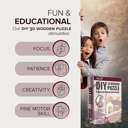 Hands Craft DIY 3D Wooden Puzzle – 6 Assorted Insects & Arachnids Bundle Pack Brain Teaser Puzzles Educational STEM Toy Adults and Kids to Build Safe and Non-Toxic Easy Punch Out Premium Wood JP2B9