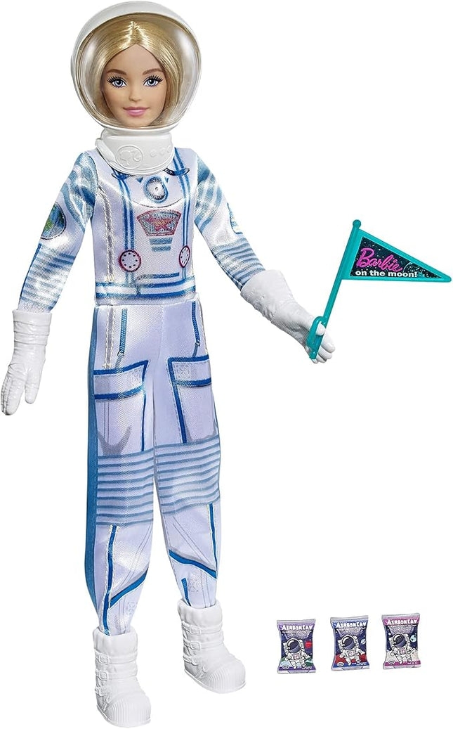 Barbie Space Discovery Astronaut Doll, Blonde, in Spacesuit with Helmet, Gloves, Flag & 3 Mini Packs of Astronaut Food (Non-Edible) for 3 to 7 Year Olds