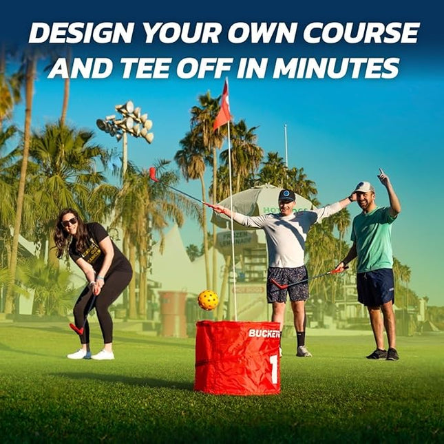 bucketgolf 9 Hole Bundle with Clubs - Outdoor Golf Game for All Ages, Adults, Kids, Family. Play Golf Anywhere, Yards, Beach, Park, Backyard. (4 Clubs (3 RH + 1 LH))