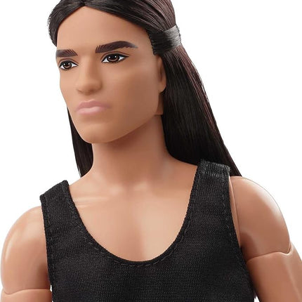 Barbie Signature Looks Ken Doll (Long Brunette Hair) Fully Posable Fashion Doll Wearing Black Tank Top & Metallic Pants, Gift for Collectors