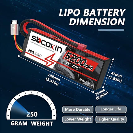 2S 5200mAh 80C 7.4V Lipo Battery with Hard Case T-Plug for RC Evader BX Car Buggy Boat Drones 1/10 Scale Racing Truck Racing Heli Airplane