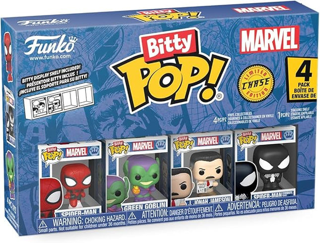 Funko Pop! Bitty: Spider-Man - Spider-Man, Green Goblin, J Jonah Jameson, and Mystery Chase Figure - 0.9 Inch (2.2 Cm) - Marvel Comics Collectable - Stackable Display Shelf Included - Gift Idea