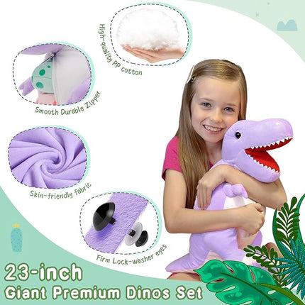 MorisMos Dinosaur Stuffed Animal with Babies,23.6'' Big Mommy Stuffed Dino T-rex with 3 Baby Dino Toys & Eggs Plush Inside Belly,Boy Girl Dinosaur Toys for Kids Birthday Gift,Purpel T-rex Party Decor