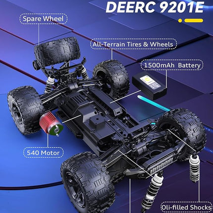 DEERC 9201E 1:10 Large Remote Control Truck with Lights, Fast Short Course RC Car, 48 km/h 4x4 Off-Road Hobby Grade Toy Monster Crawler Electric Vehicle with 2 Rechargeable Batteries for Adult Kid Boy