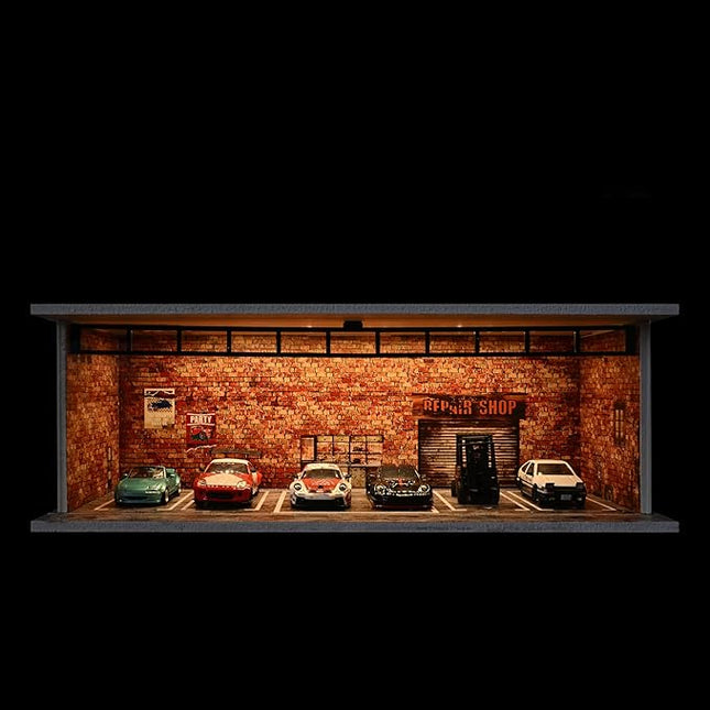 Display Case for Hot Wheels,Diorama 1/64 Scale Car Garage Model with LED Lights and Acrylic Cover, Stackable Car Parking Lot Model,Diecast Car Display Case (Vintage Garage)