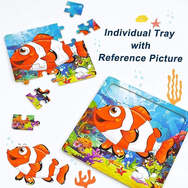 Vileafy Under The Sea Party Favors for Kids – 12 Pack Ocean Animal Wooden Puzzles with Gift Bags – 20-Piece Mini Jigsaw Toys for Boys & Girls Ages 4-8 – Birthday Return Gifts, Classroom Prizes