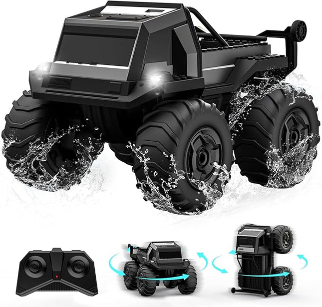 ACAMMZAR Amphibious Remote Control Car for Kids, 1:16 RC Trucks 4WD Offroad All Terrain,DIY Pick-up Toys Waterproof Monster Truck,60Mins+ Play Time,with Light, Stunt, 360° Spin,RC Cars for Boys Adults