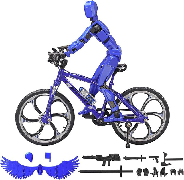 (Assembly Completed) T13 Action Figures, 6.3 Inch Big Dummy 13 Mountain Die-cast Mini Bike Model with Multi-Jointed Movable Lucky 13 Robot Toys Set(Blue)