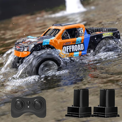 1/12 Big Amphibious Remote Control Car，Monster Truck Pool Toy w/ Waterproof Remote, 4WD, 2.4G, 2 Modular Batteries (60+Mins), Off Road All Terrains RC Car For Boys Adults Kids 4-12, Ideal Gift-Orange