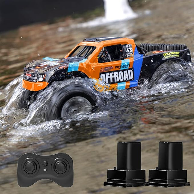 1/12 Big Amphibious Remote Control Car，Monster Truck Pool Toy w/ Waterproof Remote, 4WD, 2.4G, 2 Modular Batteries (60+Mins), Off Road All Terrains RC Car For Boys Adults Kids 4-12, Ideal Gift-Orange