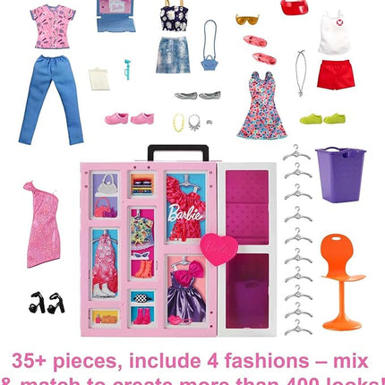 Barbie Dream Closet Playset with 35+ Doll Clothes & Accessories, Includes 5 Complete Looks, Pop-Up Second Level, Mirror & Laundry Chute