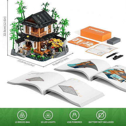 Bamboo-House Lighting Building-Bricks Set - Retro Chinese Bamboo Cabin and Treehouse Collection LED Light Set 2432 Pcs for Adults and Retro House Building Collectors