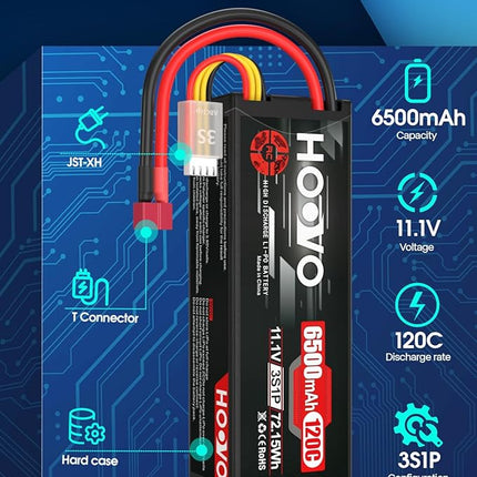 HOOVO 3S Lipo Battery 11.1V 6500mAh 120C Hard Case with Deans T Plug for RC Vehicles, RC Car Truck, RC Quadcopter, Helicopter, RC Boat, DJI Airplane, LOSI Associated Racing Hobby (2 Packs)