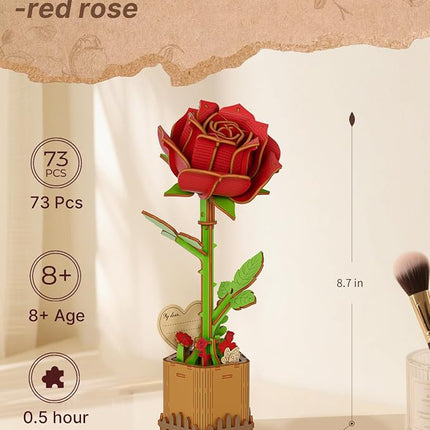 3D Red Rose Wooden Puzzles for Adults, DIY Wooden Flower Craft Kit, Artificial Flowers Model Kit to Assemble for Adults.(3.3 * 3.5 * 8.6in 73PCS)
