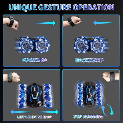 Remote Control Car, 2.4 Ghz 4WD Gesture Sensing RC Stunt Car, Double Sided 360° flip, with Cool Lights and Music, Birthday Present Toys Car for Boys SND Girls Aged 5-12 (Blue)