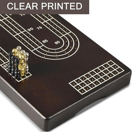 15.5'' Cribbage Board Game Set with Magnetic Lock, Folding Wooden Continuous 3 Track Scoreboard with Large Slots for Storing 1 Playing Cards and 9 Metal Pegs, Travel Game for Family Kid Adult