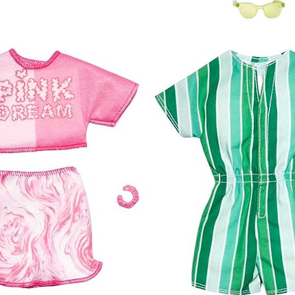 Barbie & Ken Fashions 2-Pack Clothing & Accessories Set, Pink Dream Top & Skirt with Bracelet for Barbie Doll & Striped Romper & Sunglasses for Ken Doll