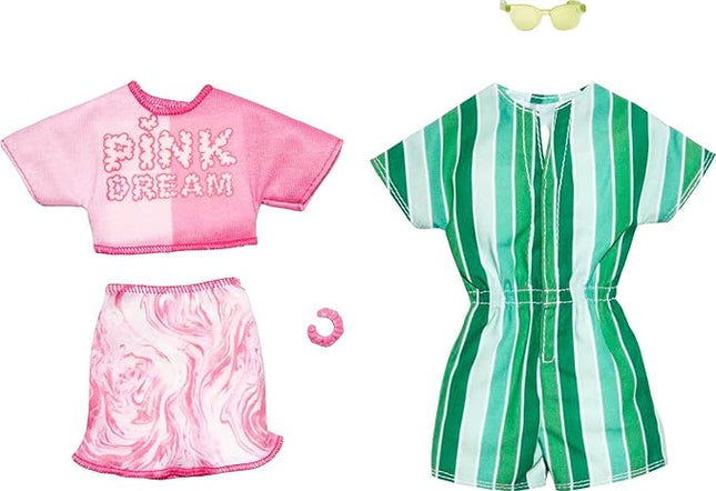 Barbie & Ken Fashions 2-Pack Clothing & Accessories Set, Pink Dream Top & Skirt with Bracelet for Barbie Doll & Striped Romper & Sunglasses for Ken Doll