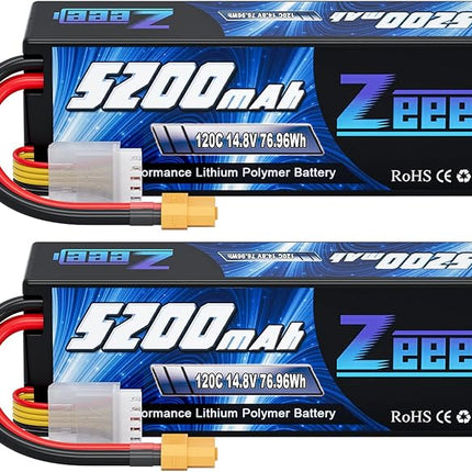 Zeee 4S Lipo Battery 5200mAh 14.8V 120C Hard Case RC Battery with XT60 Plug for RC Car Truck Vehicles RC Buggy Truggy 1/10 Scale Racing Crawler Monster RC Hobby Models(2 Pack)