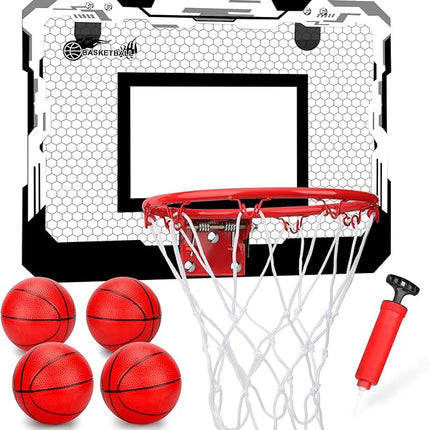 Indoor Mini Basketball Hoop Set, Upgrade Wall Mount Basketball Hoop for Wall Yard Outdoor, Over Door Room Hoops Game with 4 Balls Shatter Resistant Backboard -Complete Accessories Included
