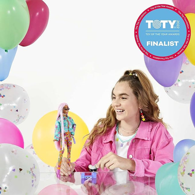 Barbie Extra Doll & Accessories with Long Pink Braids in Teal Floral Jacket & 2-Piece Floral Outfit with DJ Pet Mouse