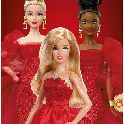 Barbie Mattel 80th Anniversary Ruby-Red Celebration Blonde Fashion Doll Wearing Red Dress with Silvery Shoes & Necklace, Collectible Toy