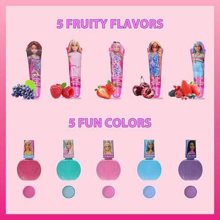 Barbie Cosmetic Makeup Set for Girls with Super Sparkly Lip Gloss Nail Polish and Nail Stickers 11 Pieces, Perfect for Parties Sleepovers Makeovers, Birthday Holiday Gift, Ages 3+, By Townley Girl