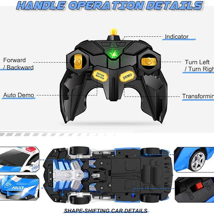 Transform Remote Control Car - Rc Cars, One-Button Transforming, 360° Rotation Drifting, 2.4ghz 1:18 Scale, Gift Kids Aged 4-6 Year Old Boys/Girls, Police Car Blue