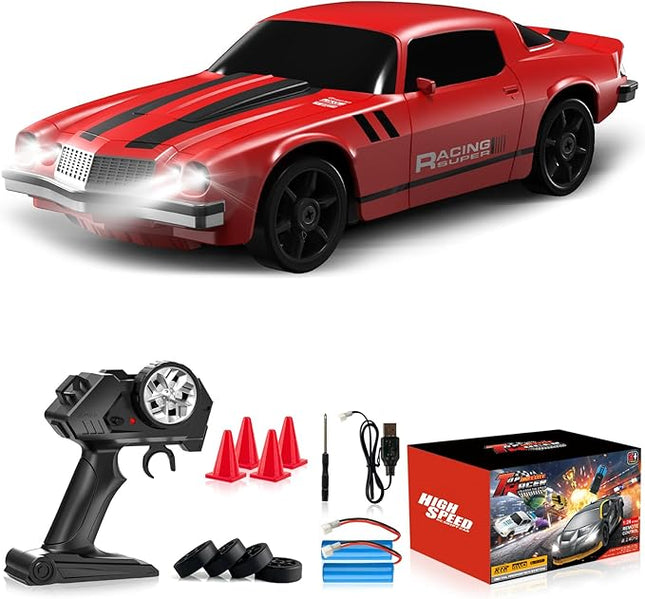 Remote Control Car RC Drift Car 2.4GHz 1:24 4WD 15KM/H High Speed Racing Sport Car with LED Lights Drifting Tire Racing Sport Toy for Adults Boys Girls Kids Gift 2Pcs Rechargeable Batteries