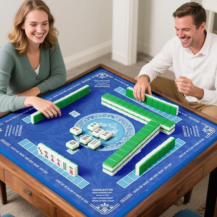Mahjong Mat with Carrying Bag for Table 32x32 Inch – Non-Slip Noise-Reducing Rubber Mat with Rules for Mahjong, Poker, Card Games, Board Games & Dominoes (Blue)