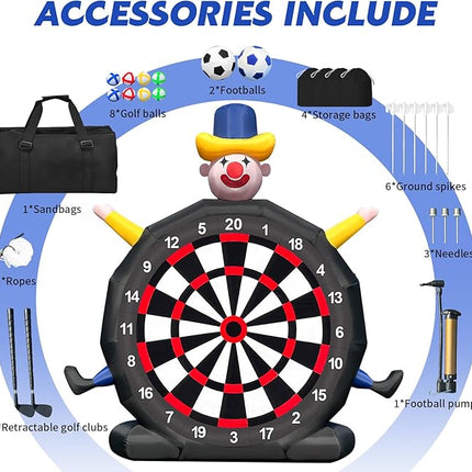 13FT Giant Inflatable Soccer Dart Board with Built-in Blower - Clown Themed Sport Kick Dartboard Perfect for Adults Family Parties,Carnival, Includes 8 Golf Balls, 2 Telescoping Club, 2 Soccer Balls