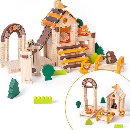 Wooden Building Blocks Wooden Building Blocks Construction Set Preschool Learning Montessori Toys Construction City Stacking Toys for Kids Ages 3-8 Birthday Gift (Log Color)