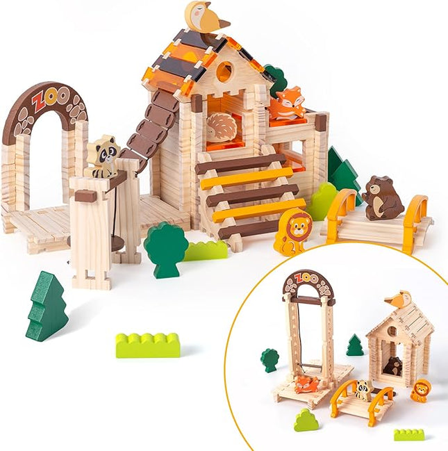 Wooden Building Blocks Wooden Building Blocks Construction Set Preschool Learning Montessori Toys Construction City Stacking Toys for Kids Ages 3-8 Birthday Gift (Log Color)