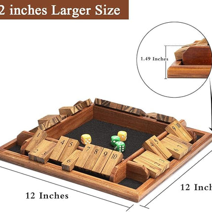 AMEROUS 1-4 Players Shut The Box Dice Game, Wooden Board Table Math Game with 12 Dice and Shut-The-Box Instructions for Kids Adults, Family Classroom Home or Pub (12 Inches)