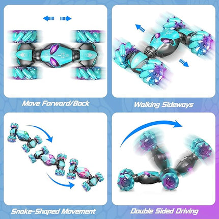 Gesture Sensing Remote Control Car, 2.4GHz 4WD RC Drift Stunt Hand-Controlled Cars for Boys Age 8-12, All-Terrain Off-Road Twist Toys with Lights Music for Christmas Birthday Gifts (Blue)