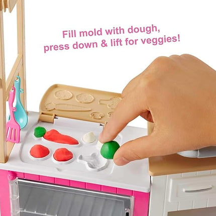 Barbie Kitchen Playset with Doll, Lights & Sounds, Food Molds, 5 Dough Colors and 20+ Accessories