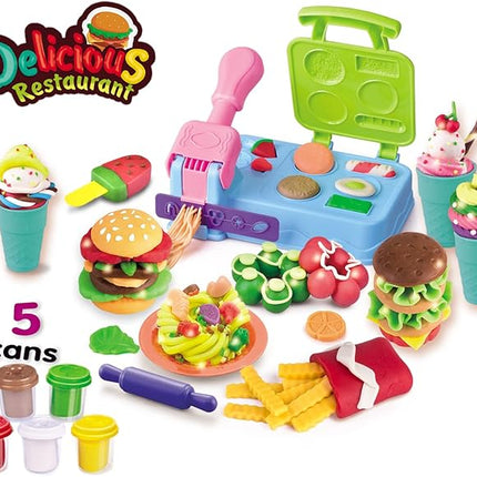 Burger Barbecue Color Dough Sets,Play Food Modeling Dough Kitchen Creations Toys,21 Play Kitchen Accessories,Color Dough Set for Kids Ages 4-8, 5 Colors, Preschool Color Dough Cooking Toy