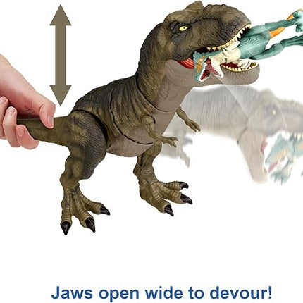Mattel Jurassic World Dominion Thrash ‘N Devour Tyrannosaurus T Rex Action Figure Toy with Sound and Motion for Battle Play