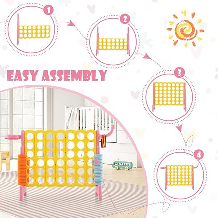 Costzon Giant 4-in-A-Row, Jumbo 4-to-Score Giant Game w/Basketball Hoop, Ring Toss, Quick-Release Slider, 42 Jumbo Rings, Indoor Outdoor Family Connect Game for Kids & Adults, Backyard Games