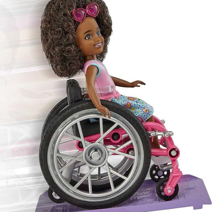 Barbie Chelsea Doll & Wheelchair with Moving Wheels, Ramp, Sticker Sheet & Accessories, Small Doll with Curly Brown Hair