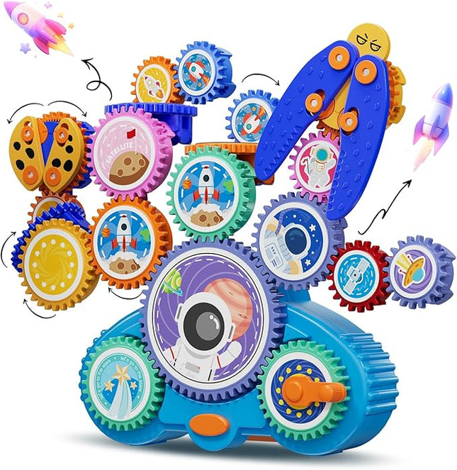 STEM Gears Toys for Kids Ages 3+, Creative Learning Building Blocks, 18Pcs Educational Construction Toy Set, Electric & Manual Dual Mode, Versatile Gear Playset Gift for Boys & Girls