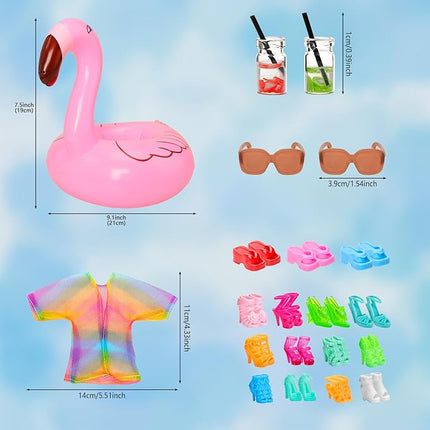 20 PCS Doll Clothes Swimwear Beach Bathing Set Including 5 Bikini Swimsuit, Coat, Mermaid Dress, 5 Shoes, 3 Slippers, Swimming Ring Float, Drinks and Sunglasses Accessories for 11.5 inch Girl Doll