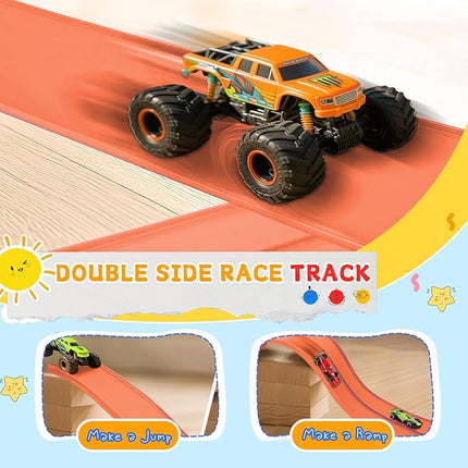 16Ft Flexible Race Track for Kids, Race Car Ramp Track Compatible with Hot Wheel and Diecast 1/64th Cars, Portable Roll Up Race Tracks with Strong Suction Cups - Orange