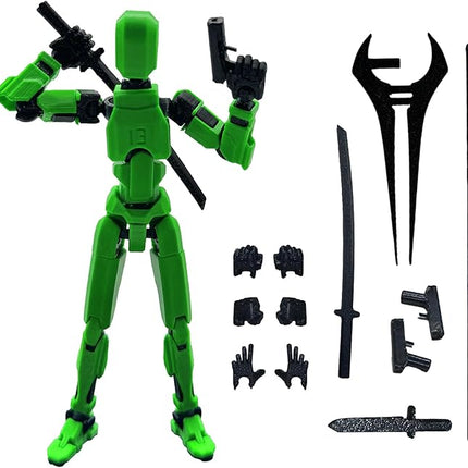 3D Printed 5.54-inch Multi-Jointed Action Figures Dummy13, Full Body Mechanical Movable Toy, Multiple Accessories, Hand Painted Figure, Desk Decoration, Creative Gifts (Green)