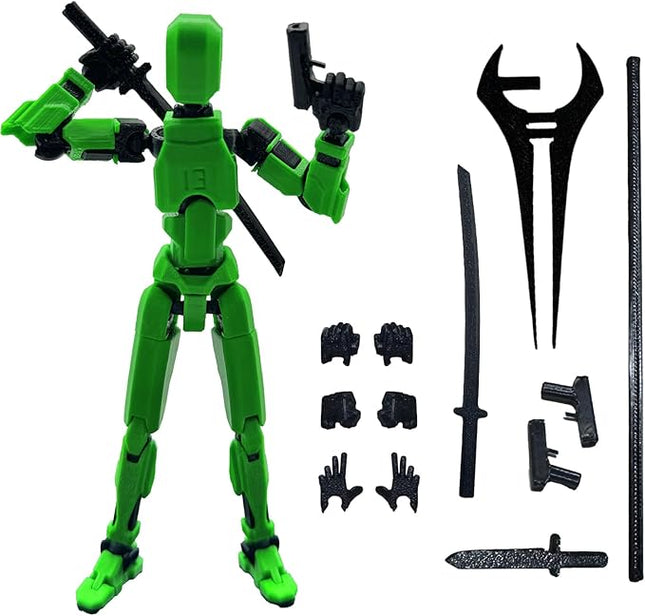 3D Printed 5.54-inch Multi-Jointed Action Figures Dummy13, Full Body Mechanical Movable Toy, Multiple Accessories, Hand Painted Figure, Desk Decoration, Creative Gifts (Green)