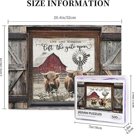 Highland Cow Jigsaw Puzzles 500 Pieces for Adults, Farm Animal & Daisies Country Scene, Rustic Window View Wooden Puzzle, Relaxing Nature Art & Farmhouse Decor Gift